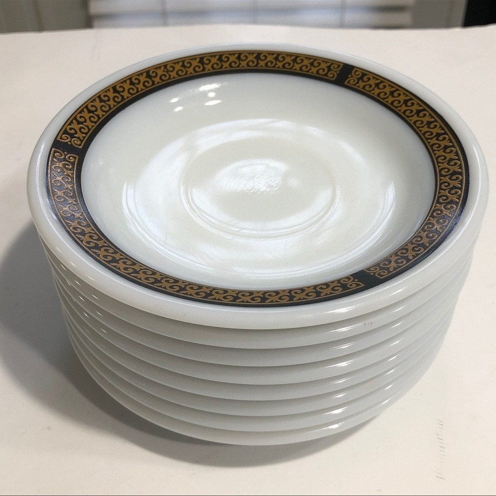 Pyrex White Plates with Gold and Black Trim
